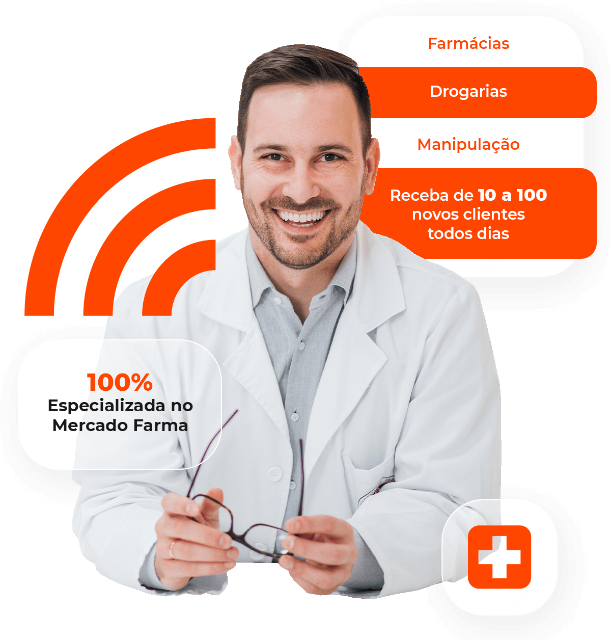 Farmacêutico representando mais pedidos e clientes para farmácias